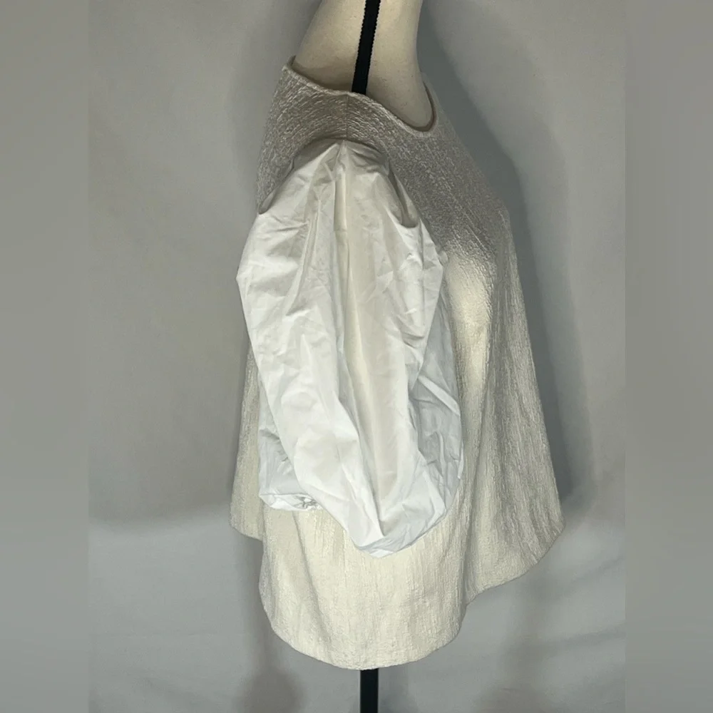 Anthropologie White Textured Bouclé Puff Sleeve Top Blouse NWT Large